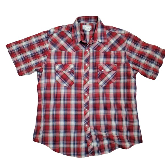 Wrangler Other - Wrangler men's red Plaid‎ button down pearl snap shirt short sleeve XL